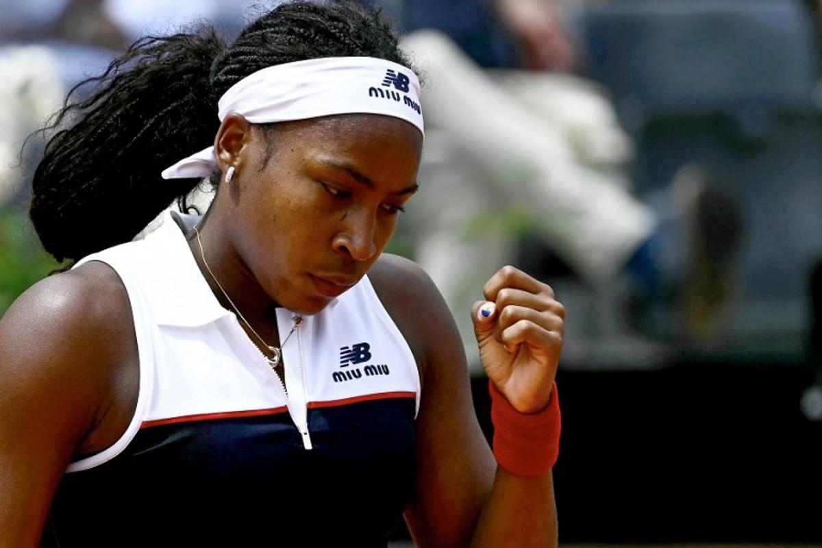 US' Coco Gauff reacts after a point as she plays against Russia's Mirra Andreeva during the Women's WTA Rome Open tennis tournament quarter-final tennis match at Foro Italico in Rome on May 14, 2025. Filippo MONTEFORTE / AFP