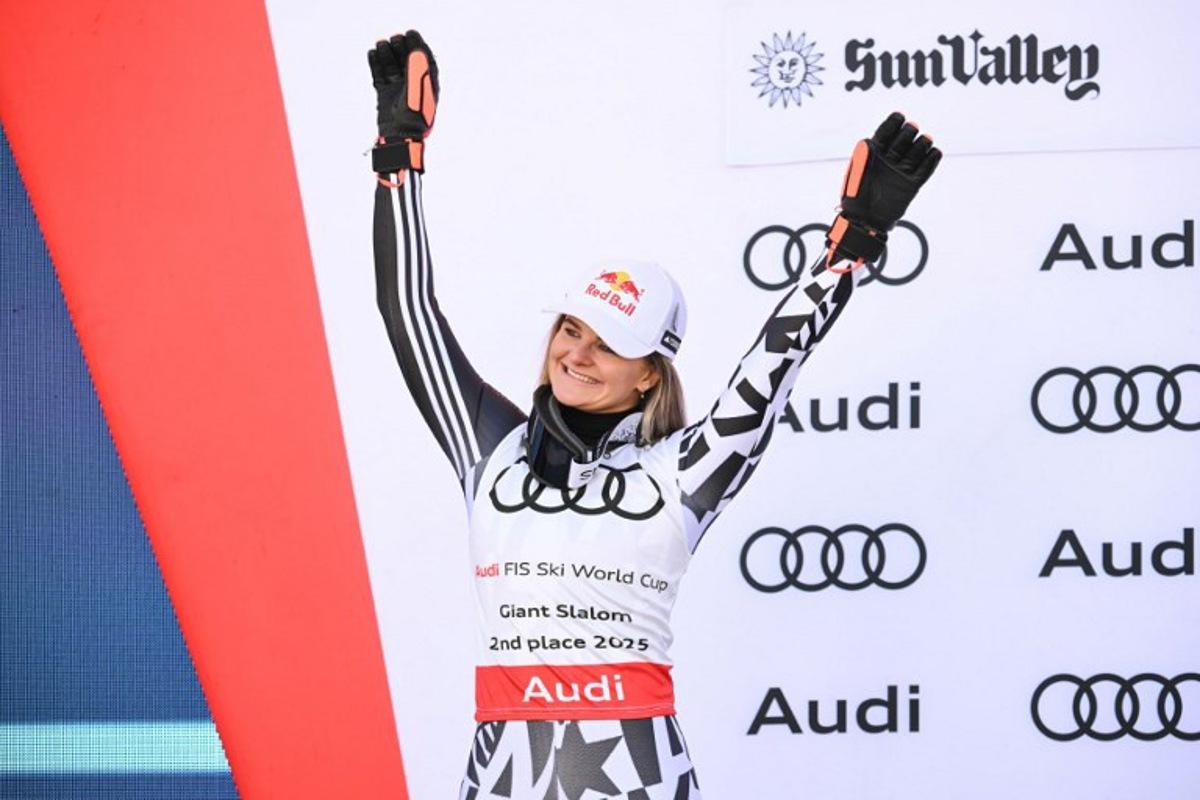 New Zealand's Alice Robinson celebrates second place overall in the women's Giant Slalom in the 2025 FIS Alpine World Cup Finals at Sun Valley Resort in Sun Valley in Sun Valley, Idaho, on March 25, 2025. Patrick T. Fallon / AFP
