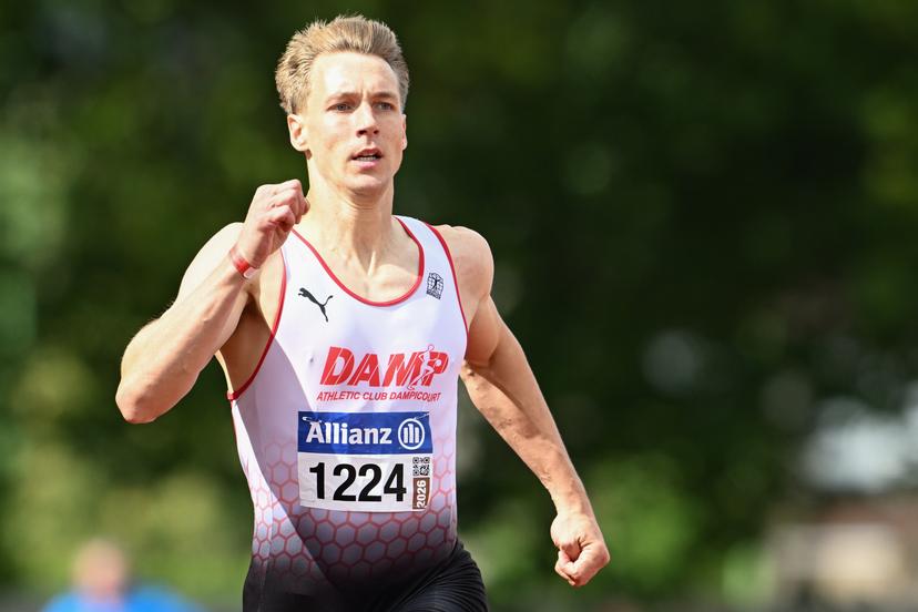 Belgian Julien Watrin pictured in action during the men's 400m hurdles race, at the Belgian athletics championships, Sunday 26 July 2026 in Kessel-Lo, Leuven. BELGA PHOTO JILL DELSAUX