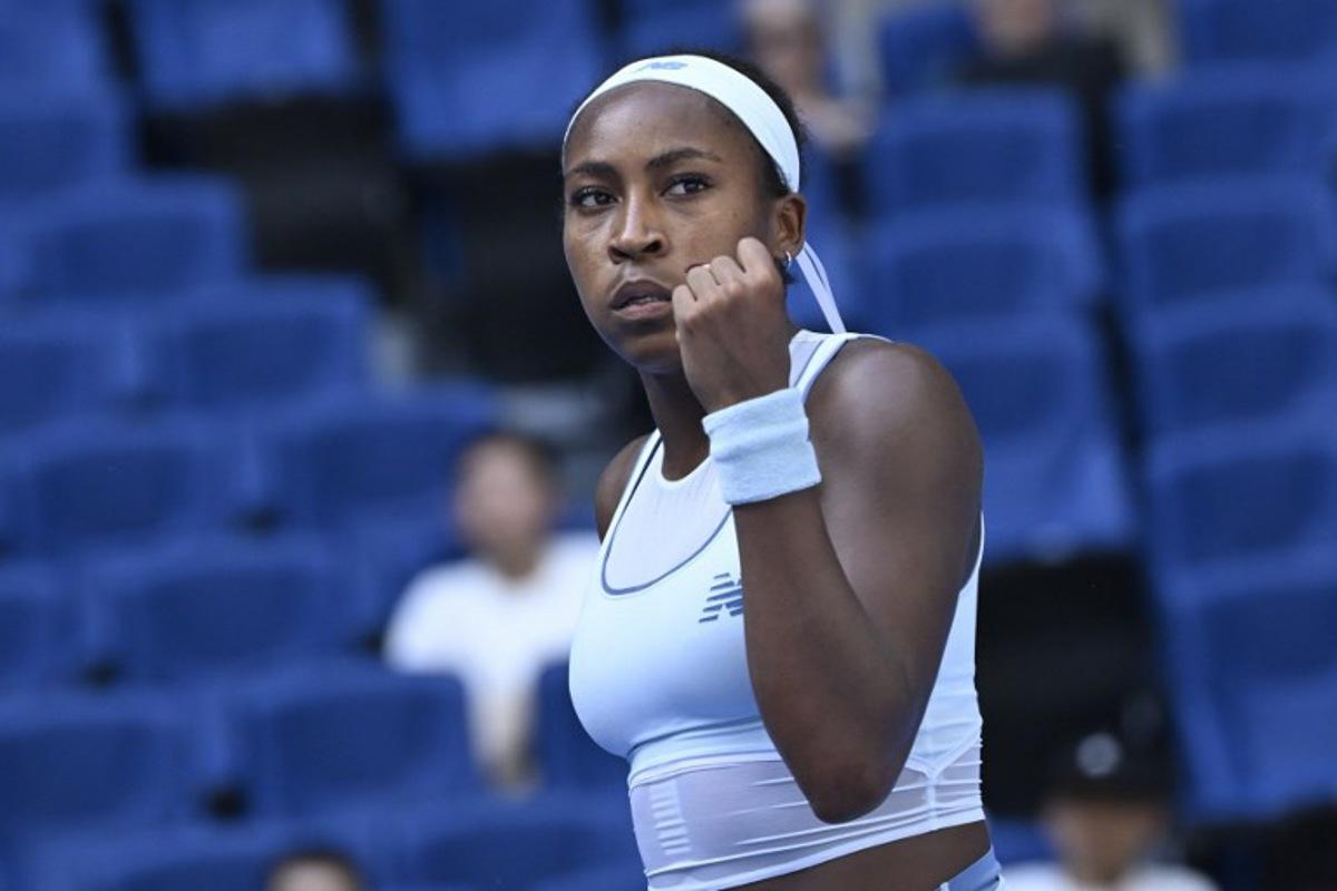 USA's Coco Gauff reacts after victory against Switzerland's Belinda Bencic during their women's singles match at the China Open tennis tournament in Beijing on September 30, 2025. WANG Zhao / AFP