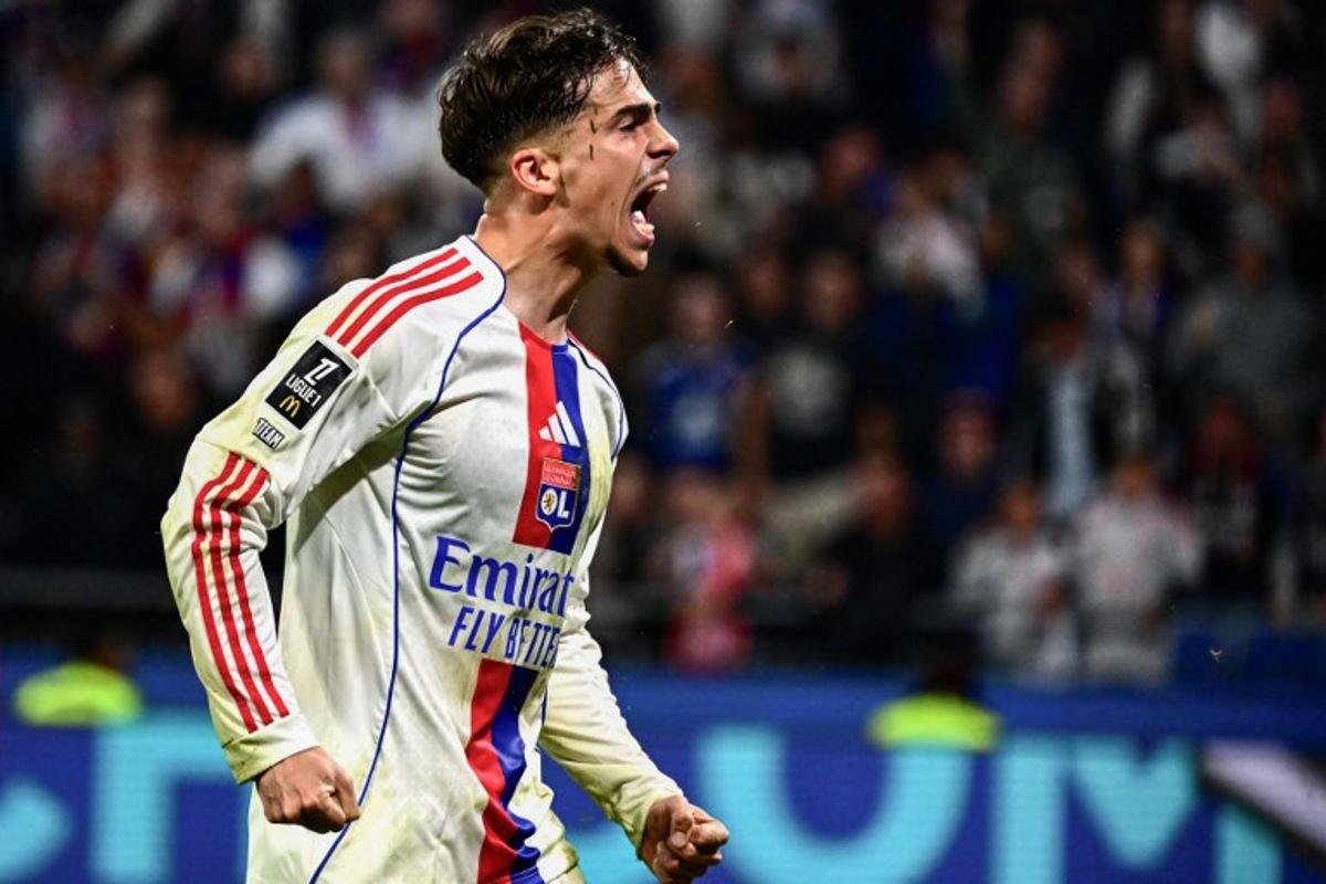 Lyon's Portuguese forward #17 Afonso Moreira reacts during the French L1 football match between Olympique Lyonnais (OL) and Stade Rennais FC at the Groupama Stadium in Decines-Charpieu, central-eastern France on May 3, 2026. OLIVIER CHASSIGNOLE / AFP