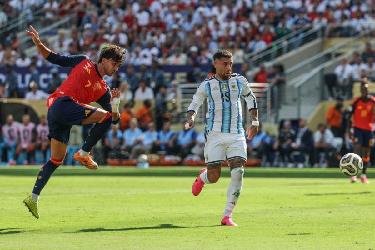 Spain's forward #07 Ferran Torres shoots and misses a chance during the 2026 World Cup football tournament final match between Spain and Argentina at the New York/New Jersey Stadium in East Rutherford on July 19, 2026. Odd ANDERSEN / AFP