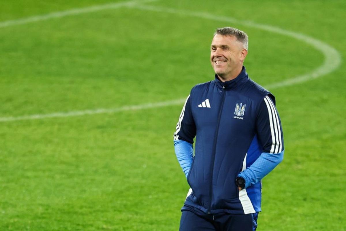 Ukraine's coach Serguey Rebrov reacts as he leads a training session at the Parc des Princes stadium, in Paris, on November 12, 2025 on the eve of the FIFA World Cup 2026 Group D European qualification football match against France. FRANCK FIFE / AFP