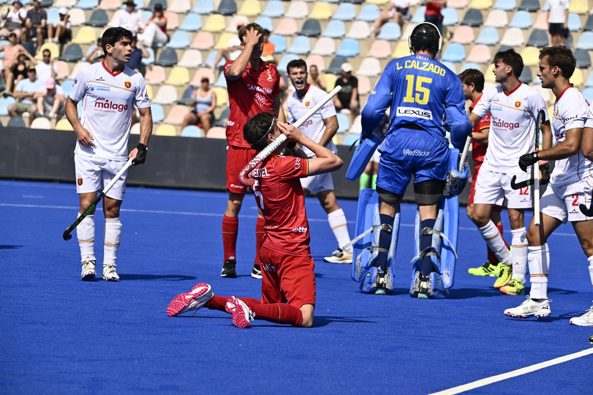 a hockey game between Spain and the Belgian national team Red Lions, match 3/3 in the pool stage of the 2025 men's European championships, Tuesday 12 August 2025 in Monchengladbach, Germany. BELGA PHOTO ERIC LALMAND