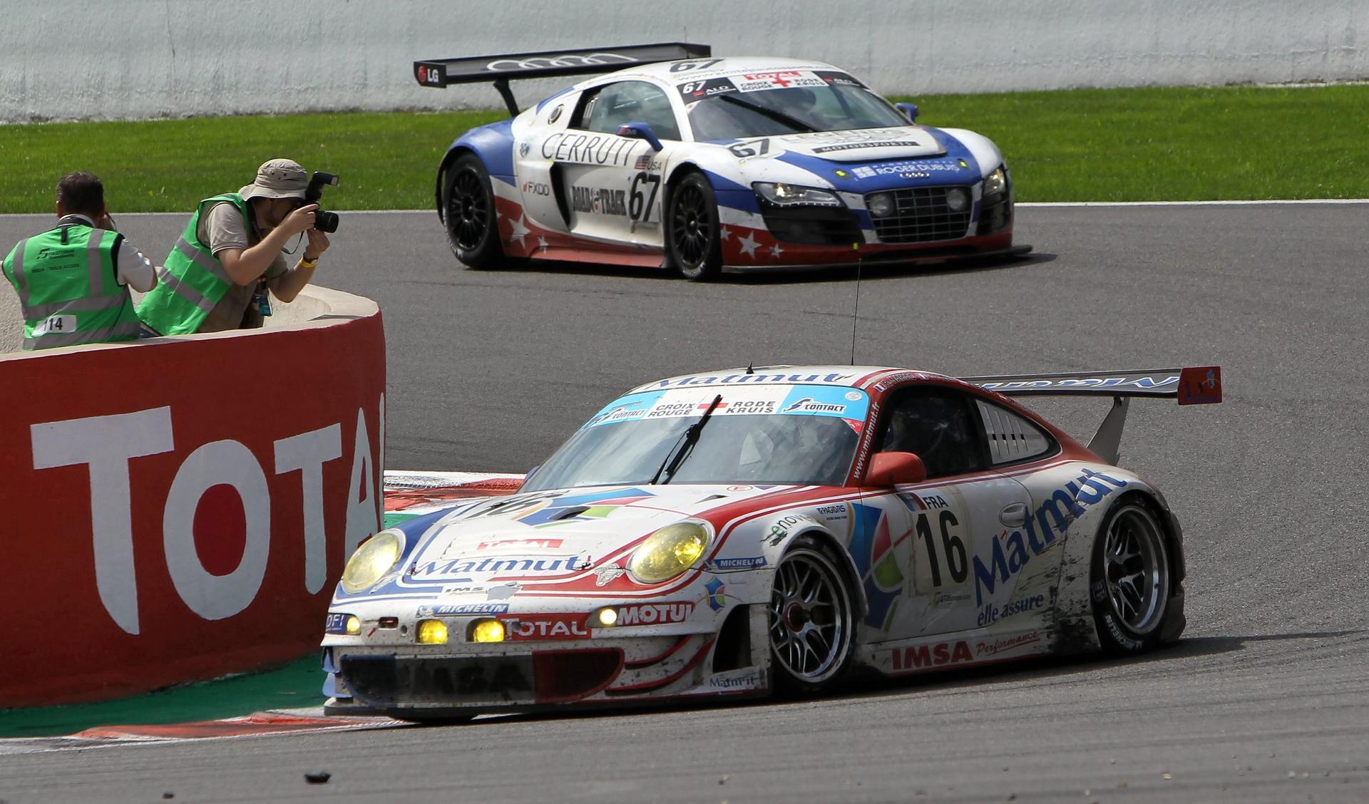 20100801 - FRANCORCHAMPS, BELGIUM: The Porsche 911 GT3 of French team IMSA Performance Matmut with drivers French Raymond Narac, American PAtrick Long, French Patrick Pilet and Austrian Richard Lietz in action during the Total 24 hours of Spa, at the Francorchamps race track, Sunday 01 August 2010. BELGA PHOTO MICHEL KRAKOWSKI