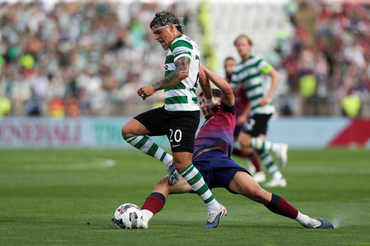 Sporting Lisbon's Uruguayan midfielder #20 Maximiliano Araujo vies for the ball during the 'Taca de Portugal' (Portugal's Cup) final football match between Sporting CP and SCU Torreense at Jamor Stadium in Oeiras, on May 24, 2026. PEDRO ROCHA / AFP