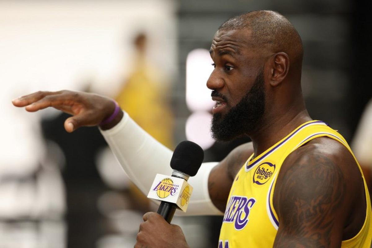 US basketball player LeBron James speaks to reporters during the Los Angeles Lakers media day at UCLA Health Training Center El Segundo, California on September 29, 2025. Patrick T. Fallon / AFP