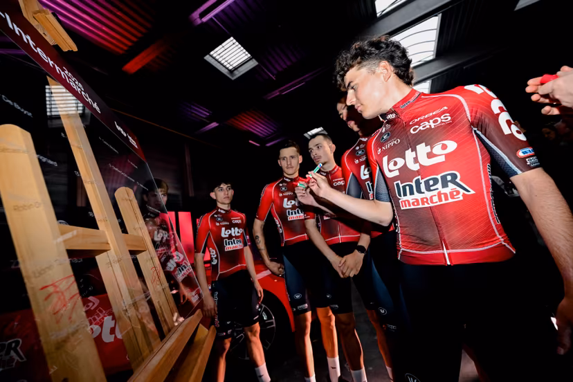 Belgian Jarno Widar pictured during the team presentation of the Lotto-Intermarche cycling team, Monday 12 January 2026 in Temse. BELGA PHOTO DIRK WAEM