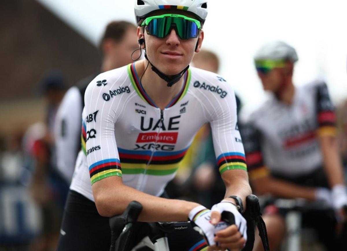 UAE Team Emirates' Slovenian rider Tadej Pogacar reacts prior to the start of the 1st stage of the 77th edition of the Criterium du Dauphine cycling race, 195,8 km between Domérat and Montlucon, on June 8, 2025. Anne-Christine POUJOULAT / AFP