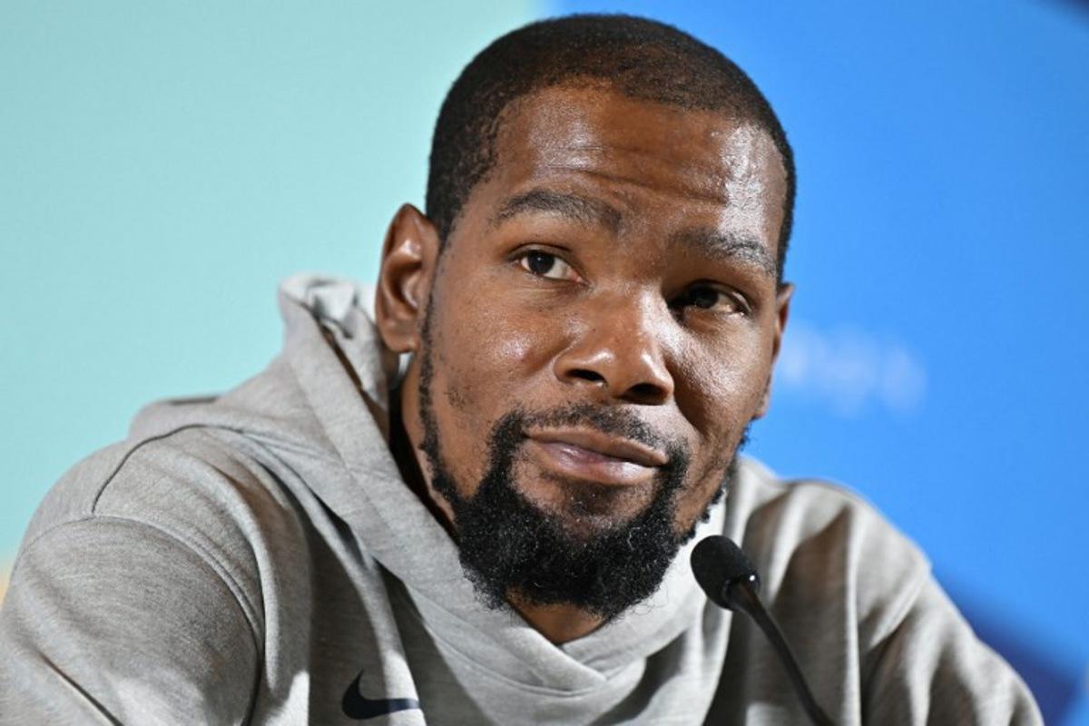 US basketball player Kevin Durant attends a press conference in Paris on July 25, 2024, ahead of the Paris 2024 Olympic Games. Fabrice COFFRINI / AFP