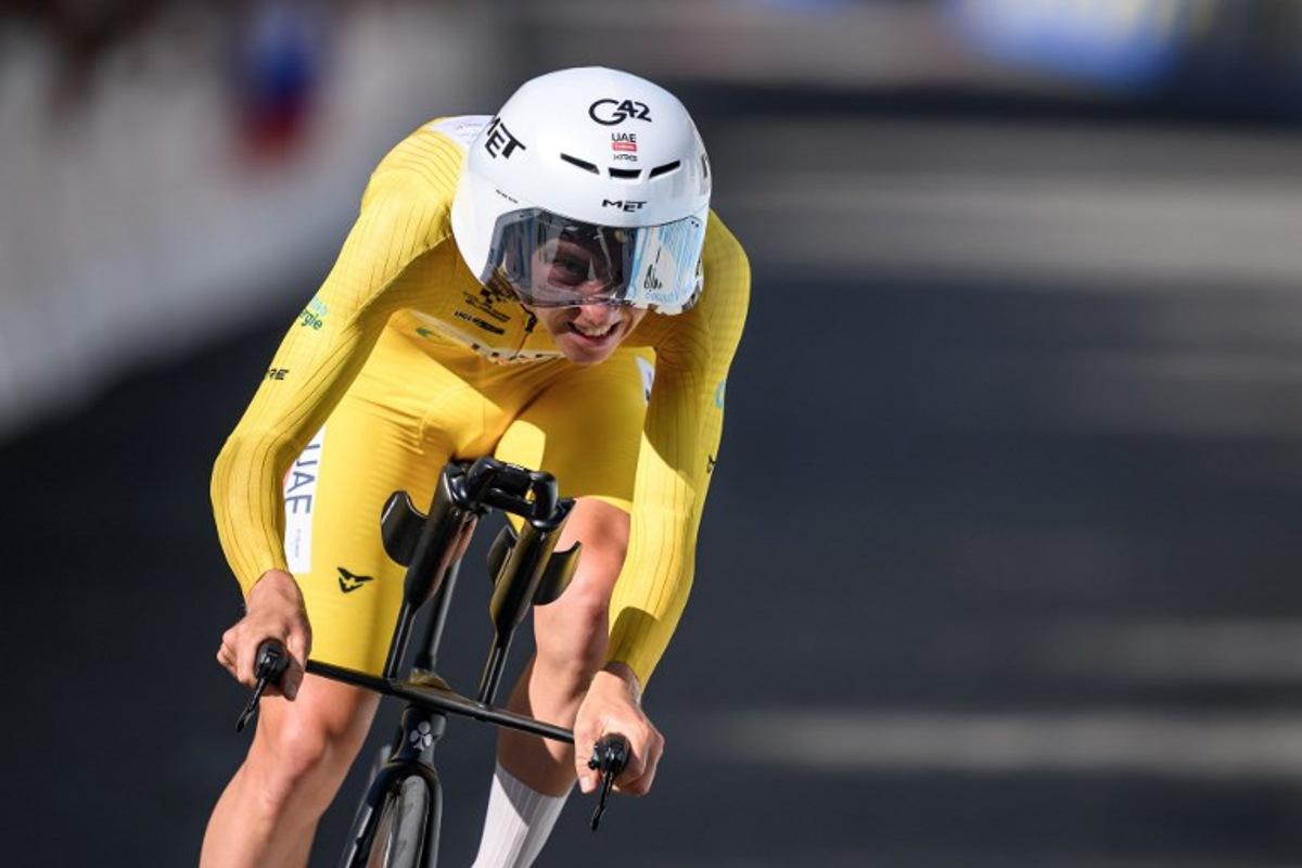 UAE Team Emirates-XRG's Slovenian rider Tadej Pogacar competes during the fourth stage, a 23.7 km time trial from Aarburg to Aarburg, at the Men's Tour of Switzerland (Tour de Suisse) cycling race in Aarburg, Switzerland, on June 20, 2026. Fabrice COFFRINI / AFP