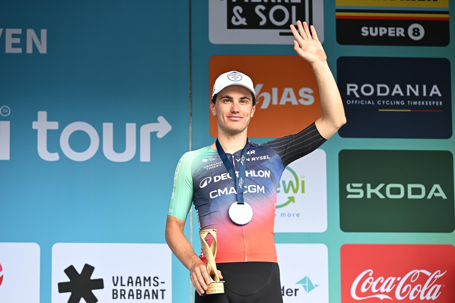 Belgian Arnaud De Lie pictured on the podium after the fifth and last stage of the 'Renewi Tour' multi-stage cycling race, from and to Leuven (183,7 km) on Sunday 23 August 2026. The five-day race takes place from 19 to 23/08. BELGA PHOTO DAVID PINTENS