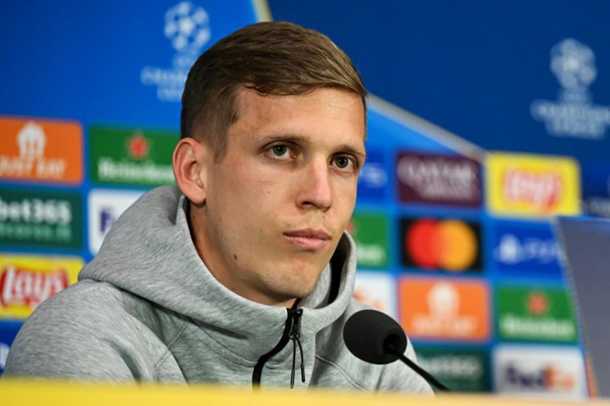 Barcelona's Spanish midfielder #20 Dani Olmo addresses a press conference, a day prior to the UEFA Champions League semi final second leg football match betweem Inter Milan and FC Barcelona, at the San Siro stadium in Milan on May 5, 2025. Piero CRUCIATTI / AFP
