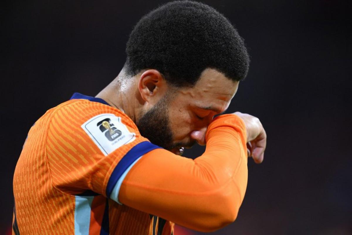 Netherlands' forward #10 Memphis Depay reacts during the FIFA World Cup 2026 Group G qualification football match between Netherlands and Finland, at the Johan Cruyff Arena in Amsterdam, on October 12, 2025. JOHN THYS / AFP