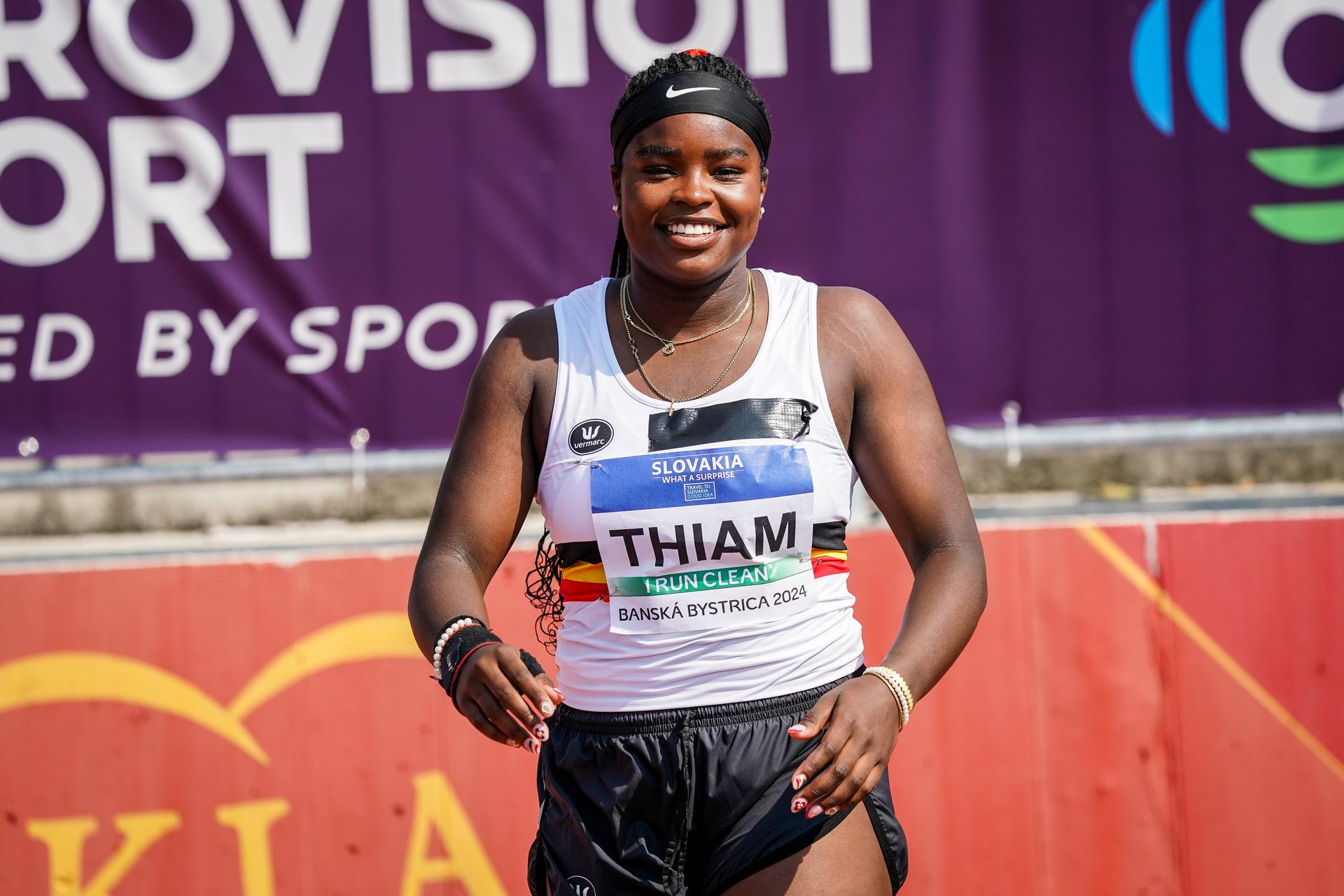 Belgian Nafy Thiam pictured in action during the qualifications of the shot put event at the European Athletics U18 Championships, in Banska Bystrica, Slovakia, Thursday 18 July 2024. The European U18 championships take place from 18 to 21 July. BELGA PHOTO COEN SCHILDERMAN