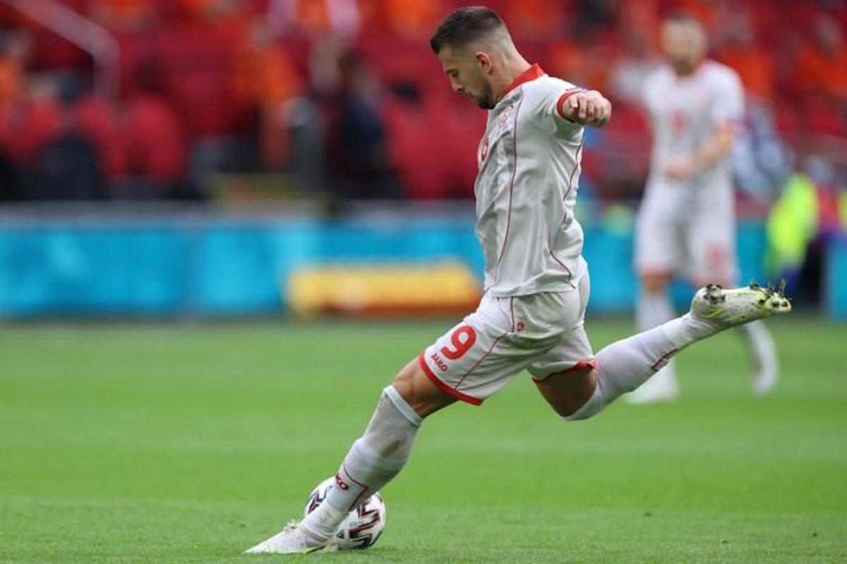 North Macedonia's forward Aleksandar Trajkovski attempts to score during the UEFA EURO 2020 Group C football match between North Macedonia and the Netherlands at Johan Cruyff Arena in Amsterdam on June 21, 2021. KENZO TRIBOUILLARD / POOL / AFP