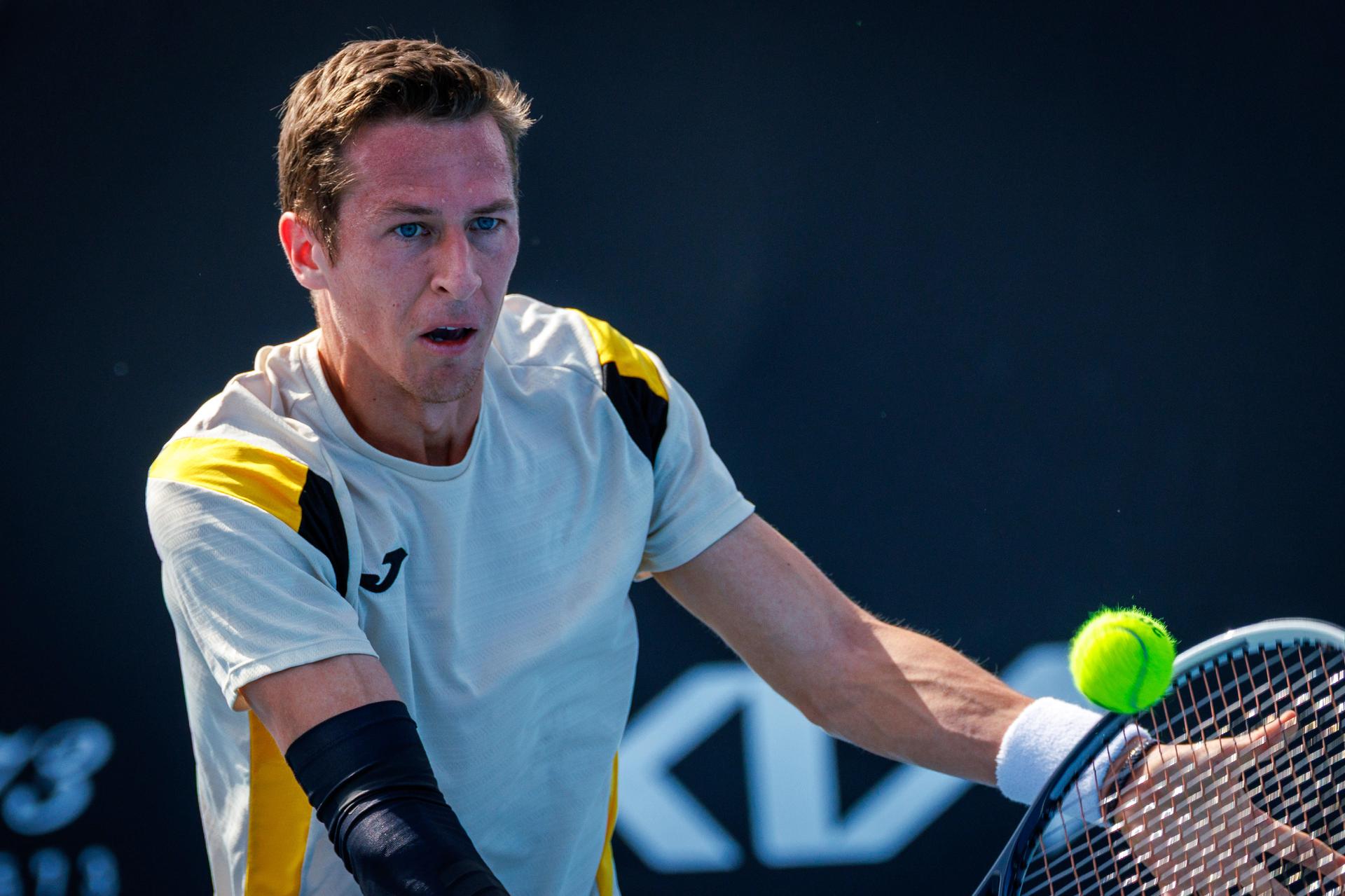 Belgium's Kimmer Coppejans pictured in action during a third round qualifying match in the men's singles against USA's Svajda at the Australian Open, Melbourne Park, Melbourne on Thursday 15 January 2026. BELGA PHOTO PATRICK HAMILTON --- BENELUX ONLY ---