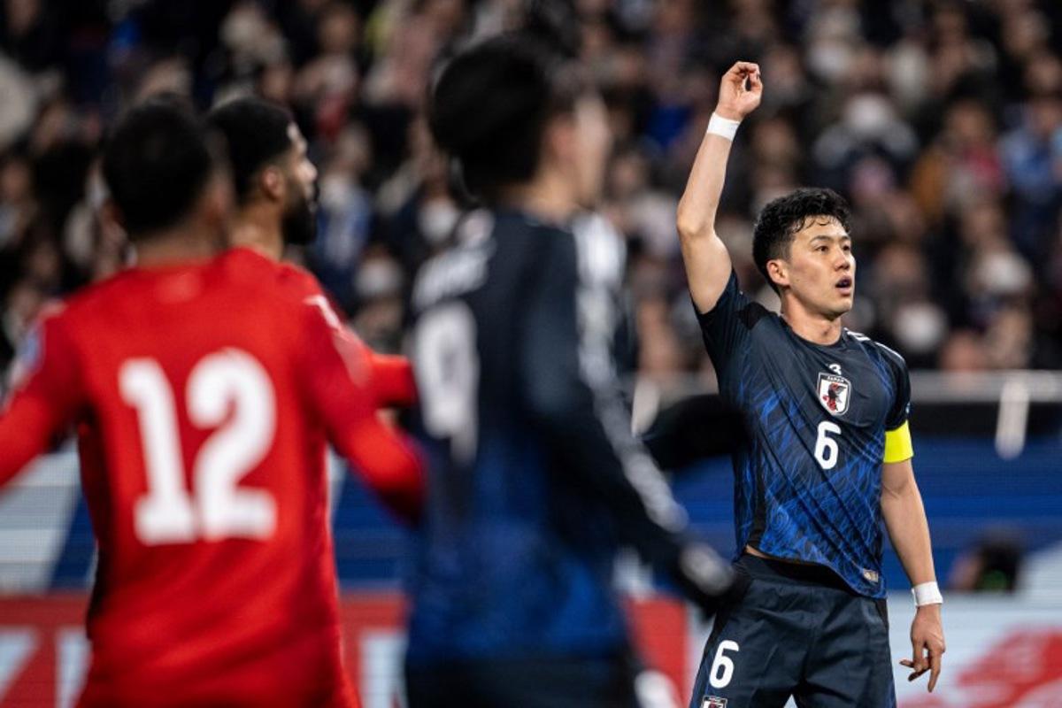 Japan's Wataru Endo gestures during the 2026 FIFA World Cup Asian qualification football match between Japan and Bahrain in Saitama on March 20, 2025. Philip FONG / AFP