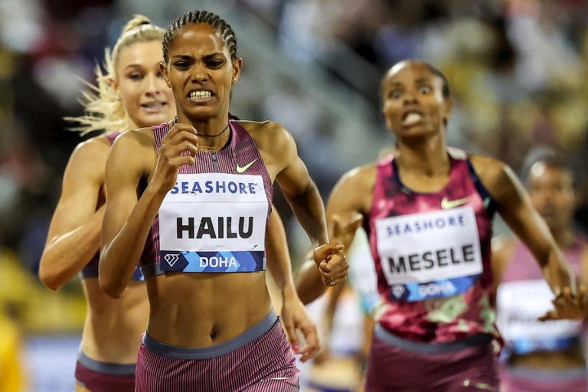 Ethiopia's Freweyni Hailu approaches the finish line in the women's 1500m final race during the IAAF Diamond League competition on May 10, 2024 at the Suheim Bin Hamad Stadium in the Qatari capital Doha. KARIM JAAFAR / AFP