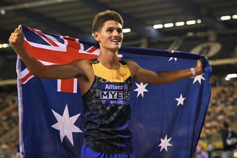 Australia's Cameron Myers celebrates after winning the men's 1500m final during the World Athletics Diamond League athletics meeting at the King Baudouin Stadium in Brussels, on September 4, 2026. JOHN THYS / AFP