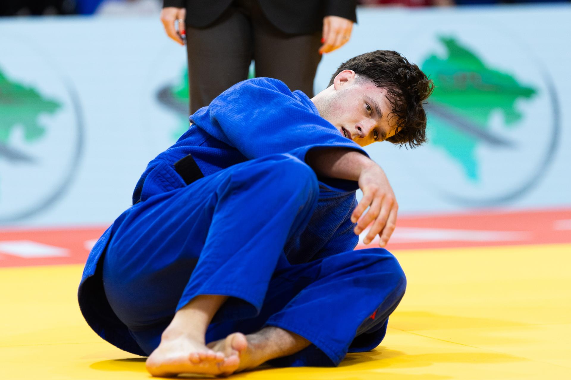 Belgian Noah Christiaens (blue gi) takes on Bosnian Vucurevic (not pictured) in a judo bout in the men's -90kg category, at the European Judo Championships in Podgorica, Montenegro, on Friday 25 April 2025. The tournament is taking place from 23 tot 27 April 2025. BELGA PHOTO NIKOLA KRISTC