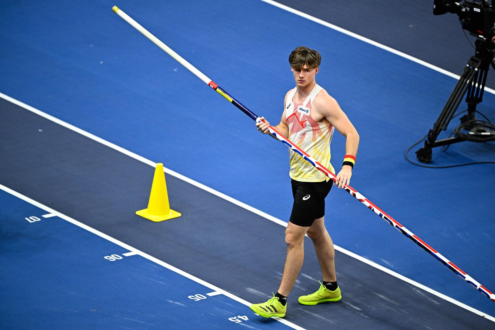 Belgian Jente Hauttekeete pictured before the pole vault event of the Men Heptathlon competition, at the second day of the World Athletics Indoor Championship in Torun, Poland on Saturday 21 March 2026. The championships take place from 20 to 22 March. BELGA PHOTO JASPER JACOBS