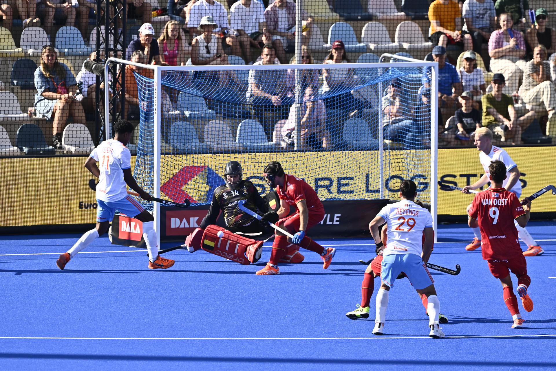 a hockey game between Belgian national team Red Lions and The Netherlands, match 2/3 in the pool stage of the 2025 men's European championships, Sunday 10 August 2025 in Monchengladbach, Germany. BELGA PHOTO ERIC LALMAND
