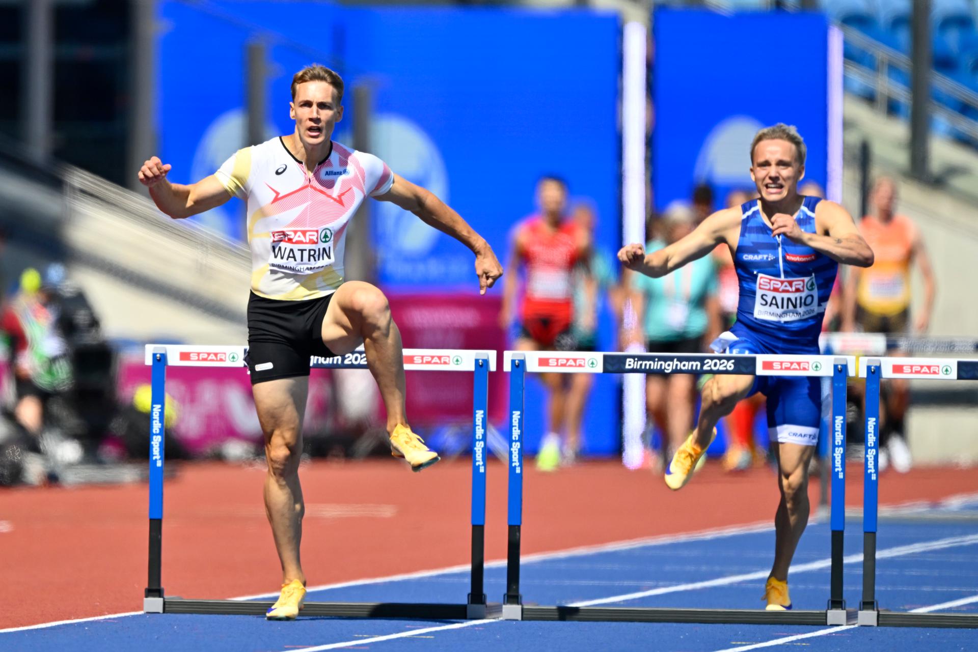 Belgian athlete Julien Watrin pictured in action during the heats in the first round of the men's 400m hurdles race, at on the second day of the European Athletics Championships (August 10-18) in Birmingham, United Kingdom, on Tuesday 11 August 2026. BELGA PHOTO ERIC LALMAND