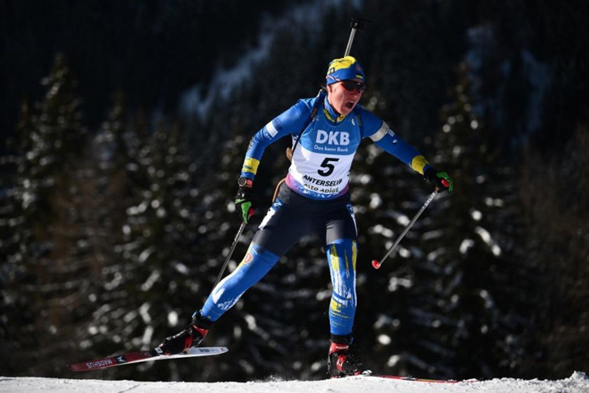 Ukraine's Anastasiya Merkushyna competes during the women's 12.5km short individual event of the IBU Biathlon World Cup in Antholz-Anterselva, Italy, on January 19, 2024. Marco BERTORELLO / AFP