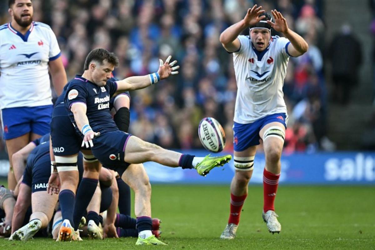 Scotland's George Horne kicks up-field during the Six Nations international rugby union match between Scotland and France at Murrayfield Stadium in Edinburgh, Scotland on March 7, 2026. Paul ELLIS / AFP