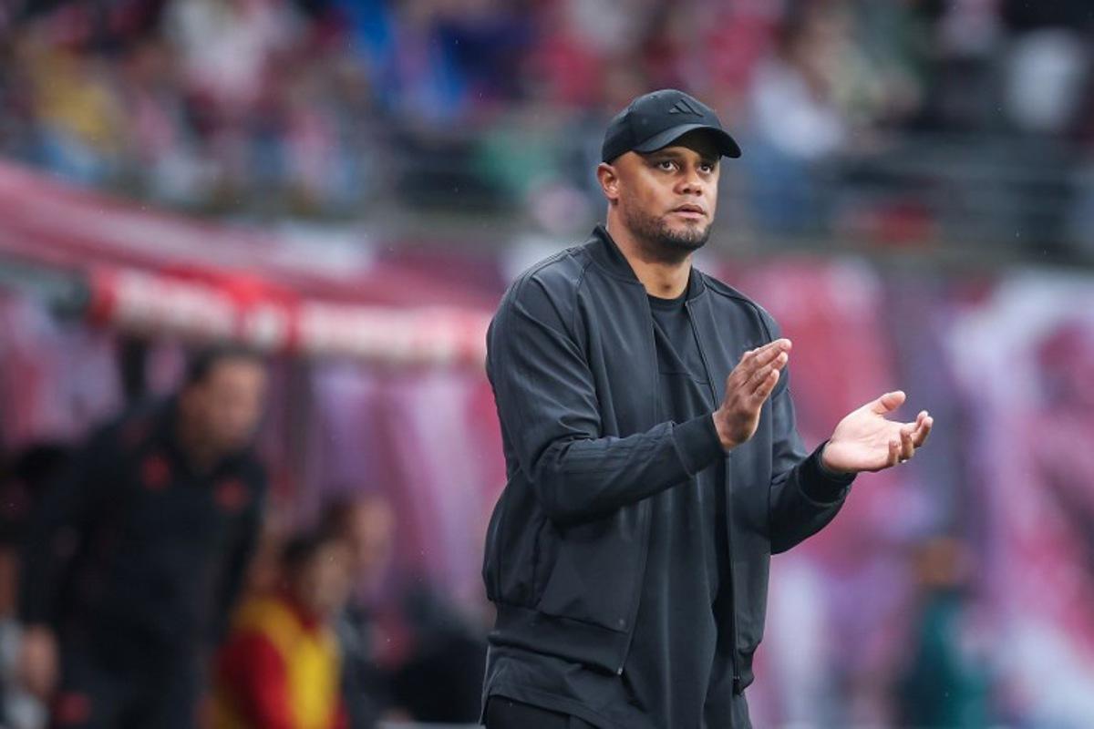Bayern Munich's Belgian head coach Vincent Kompany reacts during the German first division Bundesliga football match between RB Leipzig and FC Bayern Munich in Leipzig, eastern Germany on May 3, 2025. Ronny Hartmann / AFP