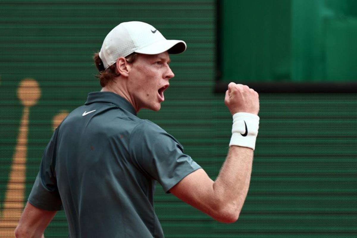 Italy's Jannik Sinner reacts after a point against Canada's Felix Auger-Aliassime during the Monte Carlo ATP Masters Series Tournament quarter final tennis match on Court Rainier III at the Monte-Carlo Country Club in Roquebrune-Cap-Martin, south-eastern France on April 10, 2026. Thibaud MORITZ / AFP