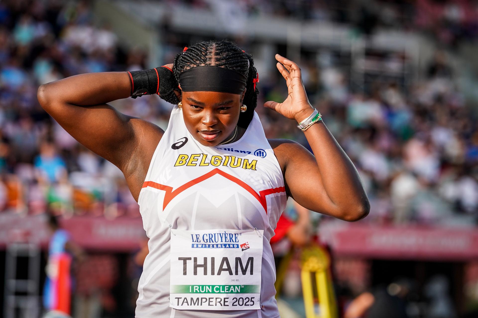 Belgian Nafy Thiam pictured during the Shot Put competition of the European Athletics U20 Championships, in Tampere, Finland, Saturday 09 August 2025. The European U20 championships take place from 07 to 10 August. BELGA PHOTO COEN SCHILDERMAN