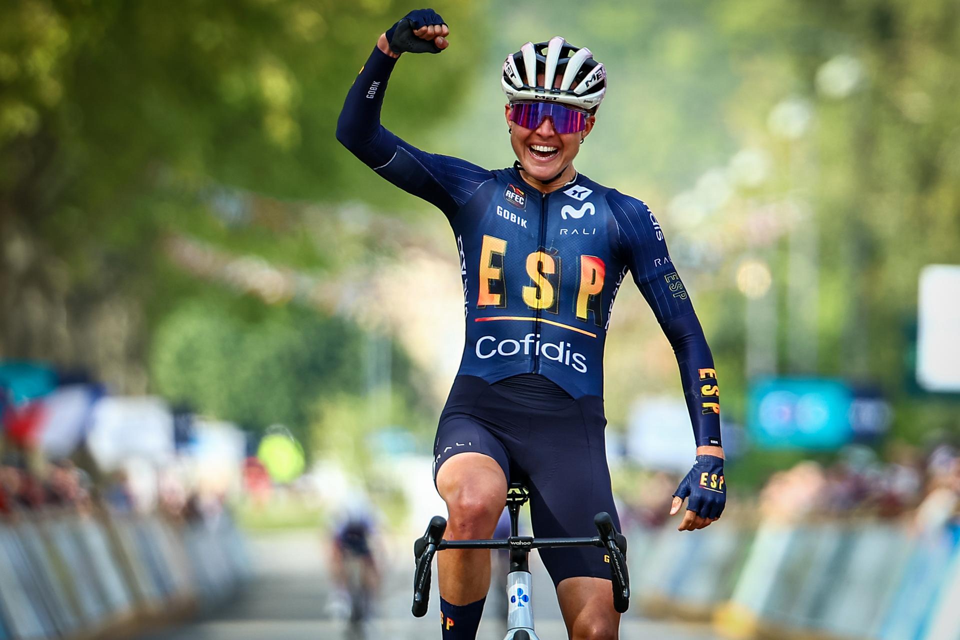 Spain Paula Blasi Cairol celebrates as she crosses the finish line to win the 85,7 km Women U23 Road Race at the UEC road European cycling championships, France on Friday 03 October 2025. The European cycling championships Drome-Ardeche takes place from 1 to 5 October, France. BELGA PHOTO DAVID PINTENS