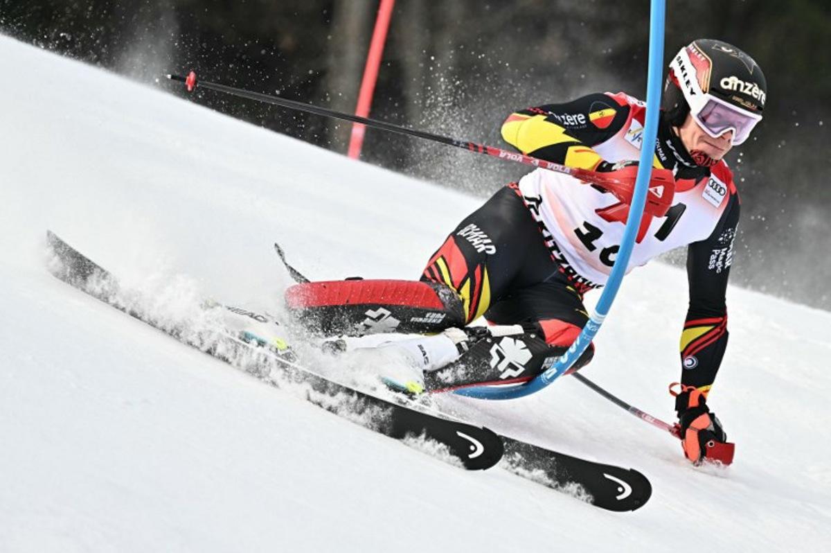 Belgium's Armand Marchant races during the Men's slalom event of the FIS Alpine Skiing World Cup in Kitzbuehel, Austria, on January 25, 2026. Joe Klamar / AFP