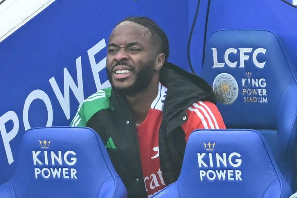 Arsenal's English striker #30 Raheem Sterling takes his seat on the bench having been substituted during the English Premier League football match between Leicester City and Arsenal at King Power Stadium in Leicester, central England on February 15, 2025. JUSTIN TALLIS / AFP