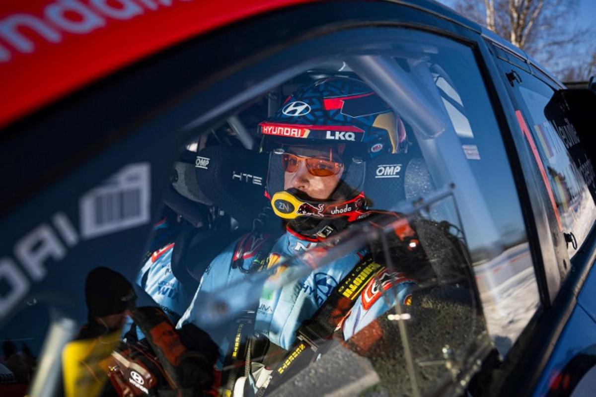 Thierry Neuville of Belgium is pictured in his Hyundai i20 N Rally1 prior to the start of the Sarsjoliden, 10th stage of Rally Sweden, second round of the FIA World Rally Championship on February 15, 2025 near Umea, Sweden. Jonathan NACKSTRAND / AFP