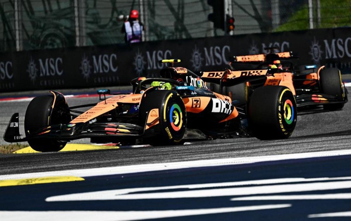 McLaren's British driver Lando Norris drives ahead of team mate McLaren's Australian driver Oscar Piastri at the start of the Formula One Austrian Grand Prix at the Red Bull Ring race track in Spielberg, Austria, on June 29, 2025. Joe Klamar / AFP