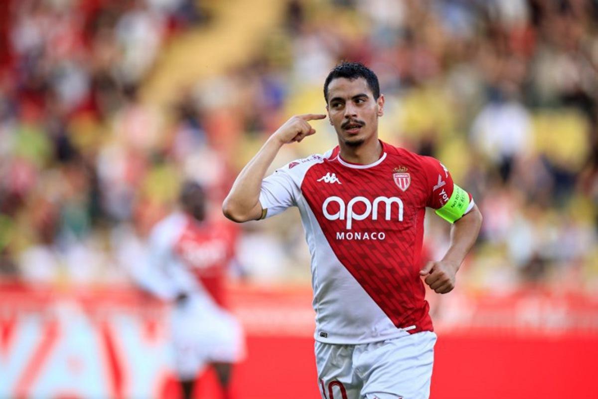 Monaco's French forward #10 Wissam Ben Yedder celebrates after scoring a goal during the French L1 football match between AS Monaco and Clermont Foot 63 at the Louis II Stadium (Stade Louis II) in the Principality of Monaco on May 4, 2024. Valery HACHE / AFP