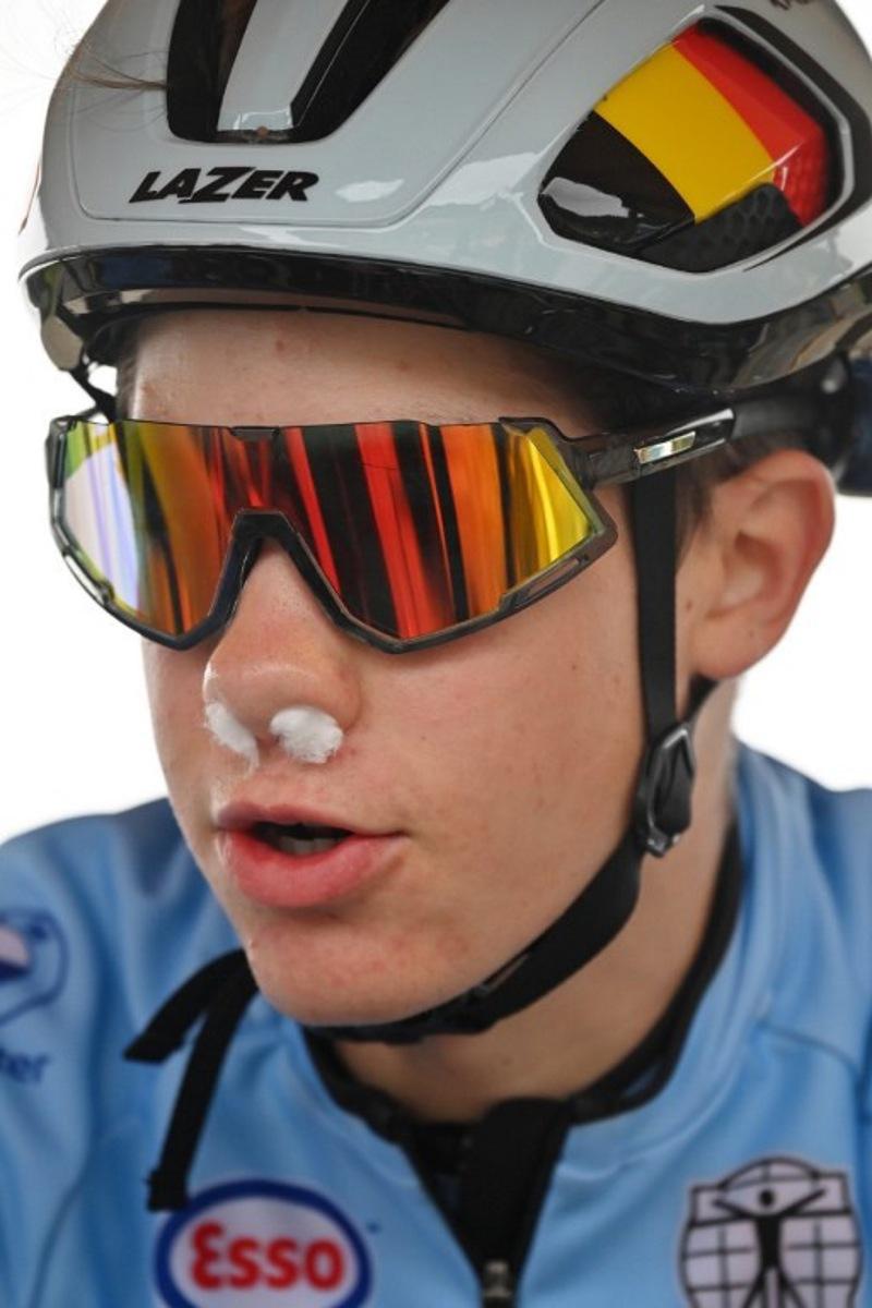 Belgium's Sverre van Lee prepares to get underway at the start of the mixed team relay mountain bike cross-country race at the Cycling World Championships in Glentress Forest, Scotland on August 9, 2023. ANDY BUCHANAN / AFP
