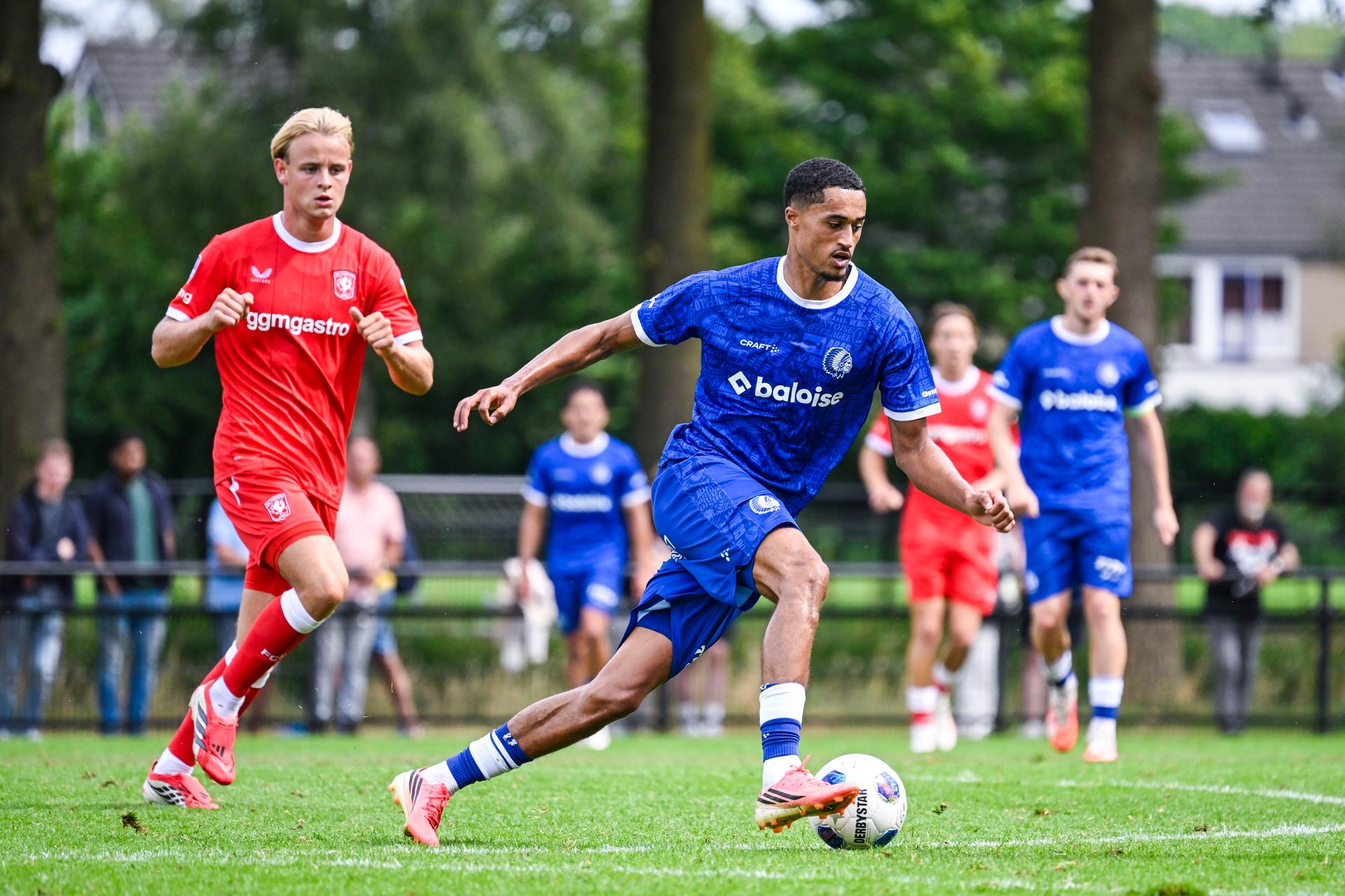 Gent's Aime Omgba pictured in action during a friendly game between KAA Gent and Dutch FC Twente, at the summer training camp of Belgian first division soccer team KAA Gent in De Lutte, Losser, the Netherlands on Saturday 18 July 2026, to prepare for the upcoming 2026-2027 season. BELGA PHOTO TOM GOYVAERTS