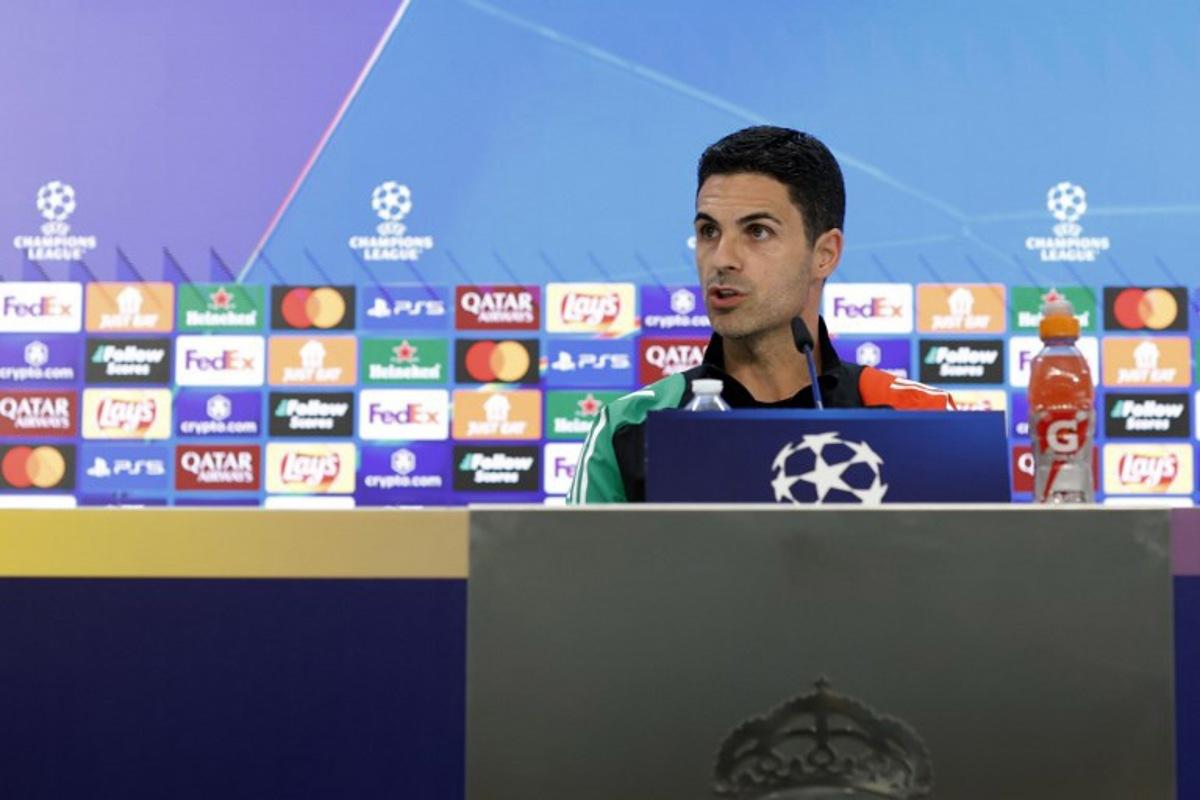 Arsenal's Spanish coach Mikel Arteta holds a press conference at Santiago Bernabeu Stadium in Madrid on April 15, 2025, on the eve of the UEFA Champions League quarter final second leg football match between Real Madrid CF and Arsenal. Oscar DEL POZO CAÑAS / AFP