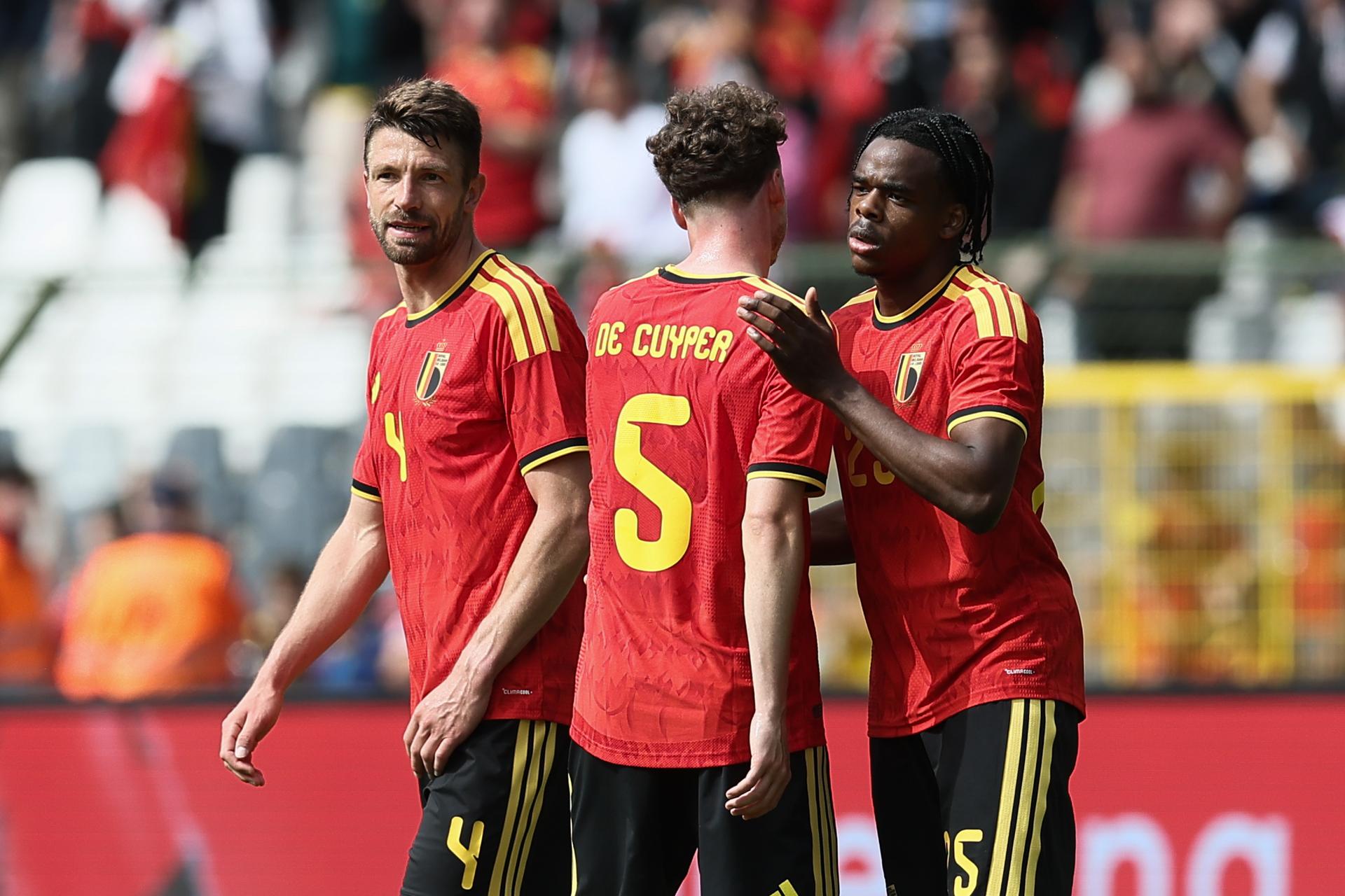 Belgium's players celebrate after winning a friendly soccer game between Belgian national team Red Devils and Tunisia, Saturday 06 June 2026 in Brussels, part of the preparations for the 2026 FIFA World Cup. BELGA PHOTO BRUNO FAHY