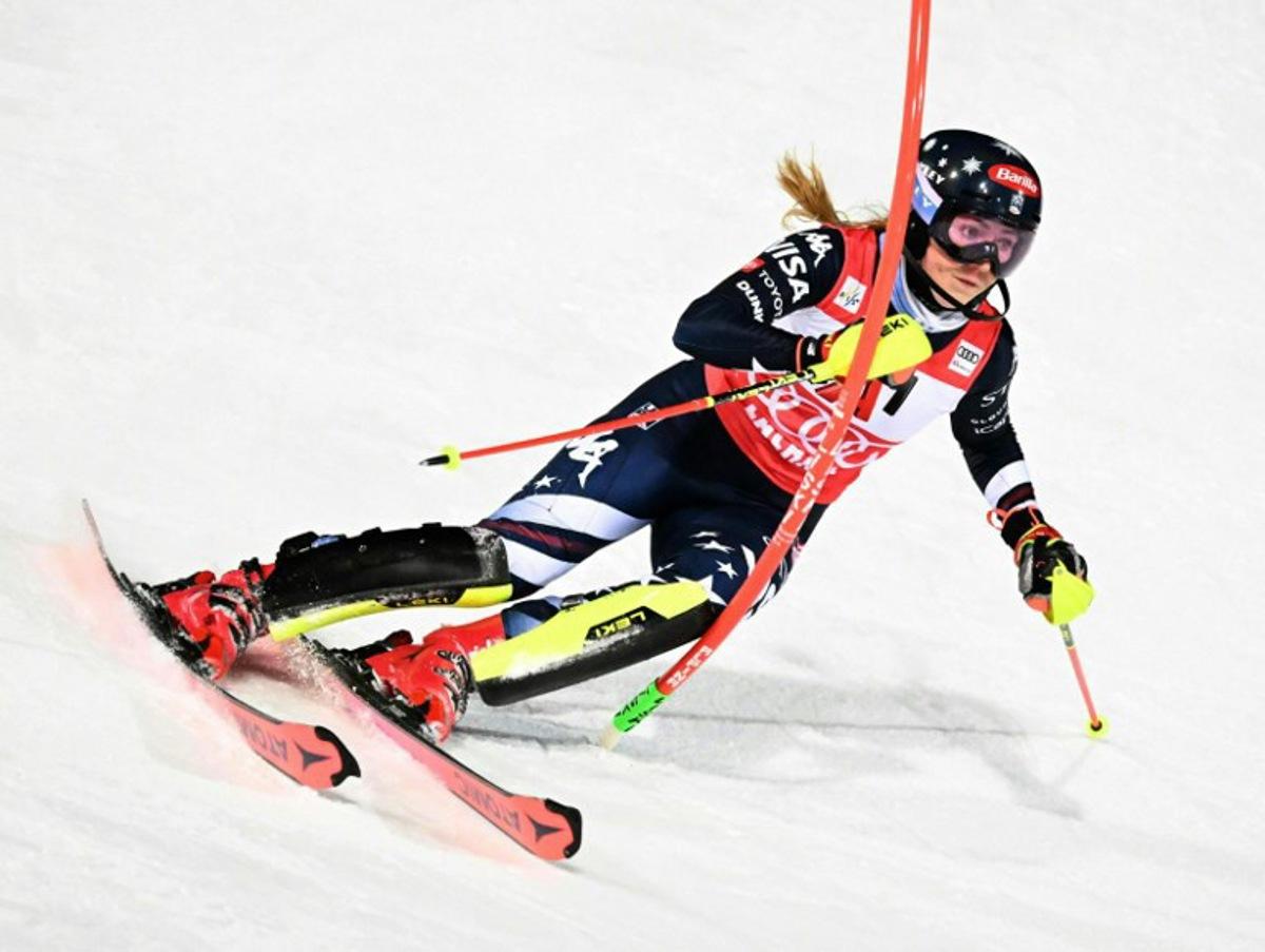 US' Mikaela Shiffrin competes during the women's slalom race of the FIS Alpine Ski World Cup in Flachau, Austria, on January 13, 2026. BARBARA GINDL / APA / AFP