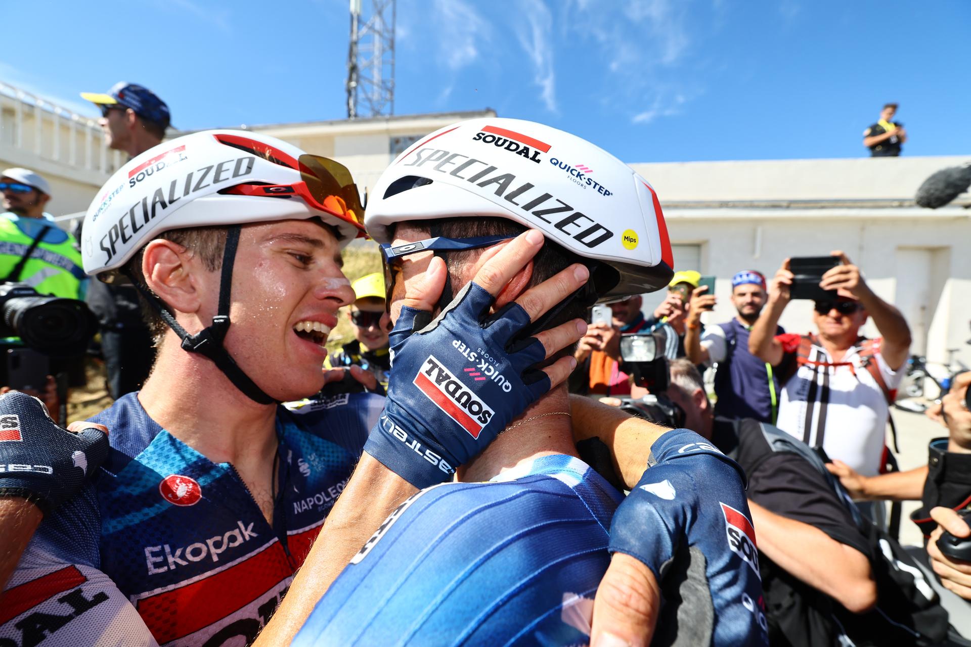 Belgian Ilan Van Wilder of Soudal Quick-Step and French Valentin Paret-Peintre of Soudal Quick-Step celebrate after celebrates after winning stage 16 of the 2025 Tour de France cycling race, from Montpellier to Mont Ventoux (172 km), on Tuesday 22 July 2025 in France. The 112th edition of the Tour de France starts on Saturday 5 July in Lille, France, and will finish in Paris, France on the 27th of July. BELGA PHOTO POOL TIM VAN WICHELEN