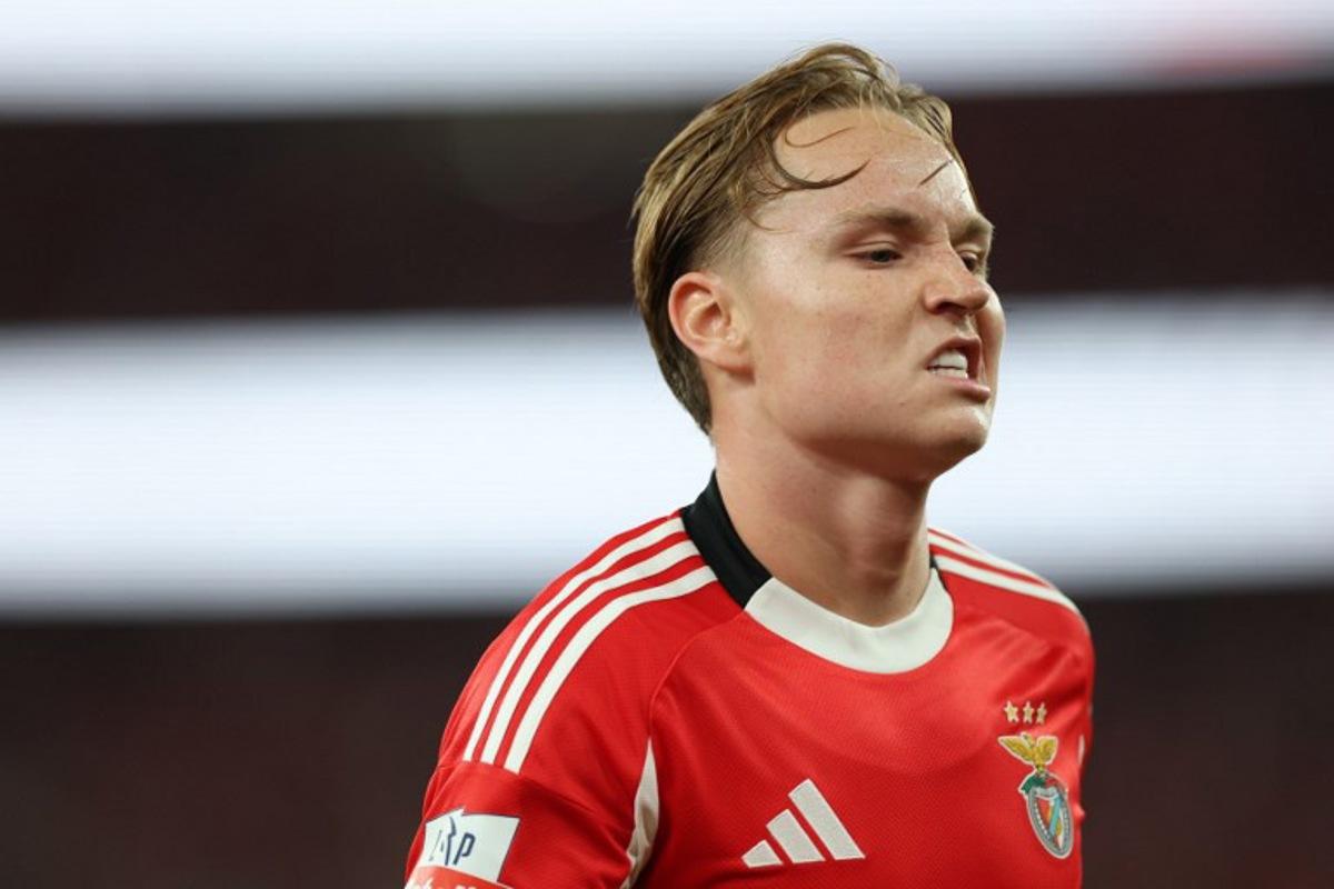 Benfica's Norwegian forward #21 Andreas Schjelderup reacts during the Portuguese league football match between SL Benfica and CD Tondela at Estadio da Luz in Lisbon on August 23, 2025. PATRICIA DE MELO MOREIRA / AFP