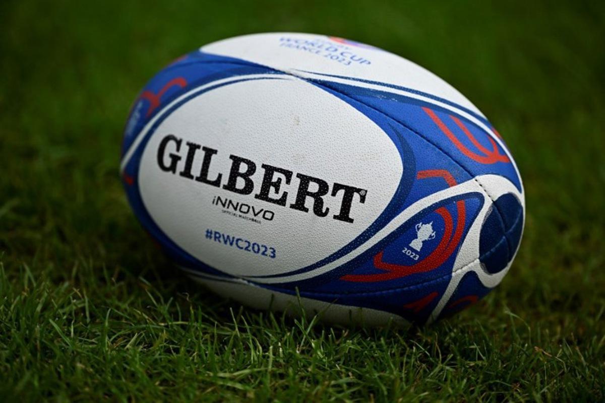 A photo shows an official France 2023 Rugby World Cup ball during South Africa's training session at the Fauvettes Stadium, in Domont, north of Paris, on September 19, 2023. South Africa Springboks will meet Ireland for their next pool B match of the 2023 World Cup. JULIEN DE ROSA / AFP