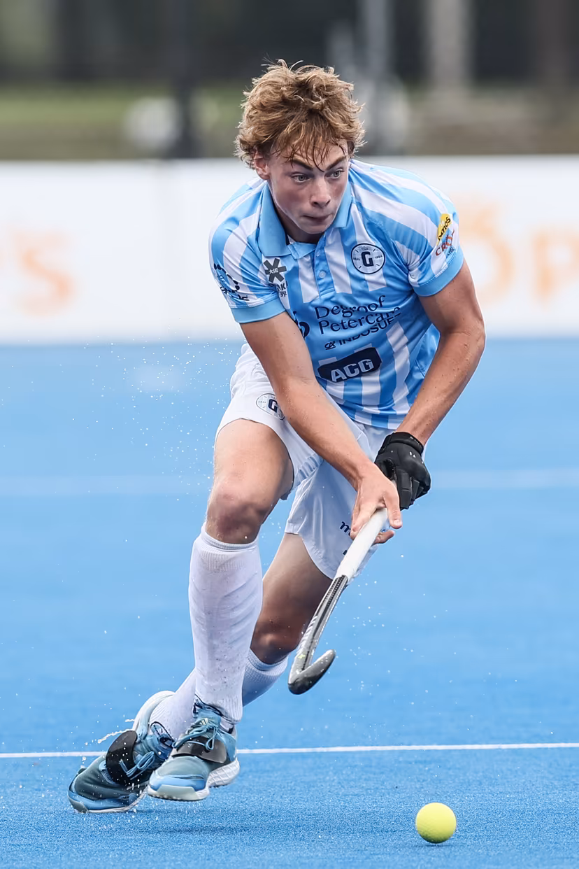 Gantoise's Nathan Rogge pictured in action during a hockey game between Gantoise and Waterloo Ducks, Sunday 14 September 2025 in Gent, on day 3 of the Belgian Men Hockey League season 2025-2026. BELGA PHOTO BRUNO FAHY