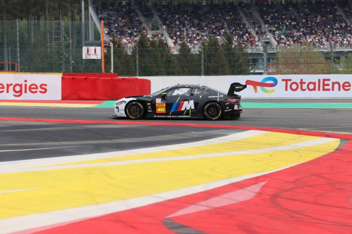 Team WRT drives their BMW car N° 46, droven by Ahmad Al Harthy, Valentino Rossi and Maxime Martin, during the FIA World Endurance Championship 2024 6 hour race of Spa-Francorchamps in Francorchamps, on May 10, 2024. François WALSCHAERTS / AFP