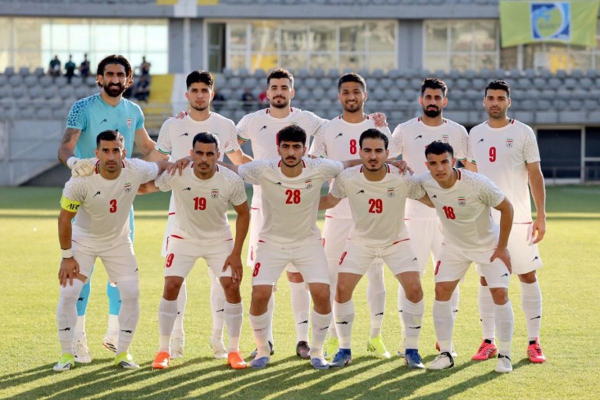 Iran's players pose for a team picture before the start of an international friendly football match between Iran and Gambia, in Antalya, southern Turkey, on May 29, 2026, as part of the team's preparation for the upcoming football World Cup. Oner SAN / AFP